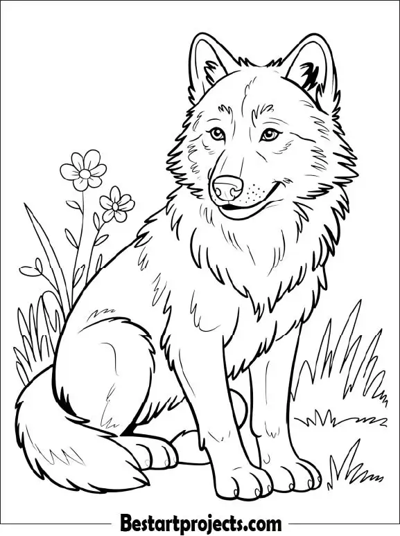 Smiling Wolf Sitting Down Coloring Page