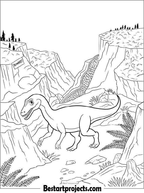 Troodon Dinosaur in Mountain Landscape Coloring page