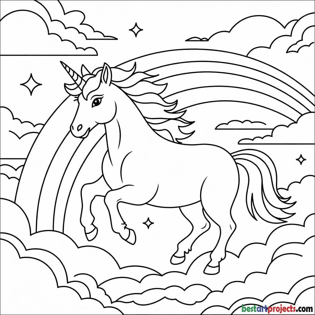 Unicorn galloping through a rainbow sky Coloring Sheet 