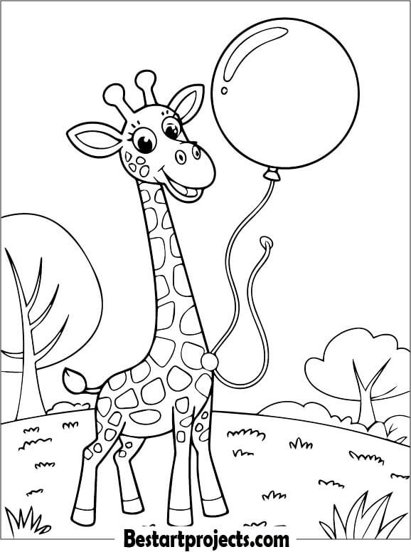 Cartoon Giraffe Holding a Balloon Printable Coloring Page