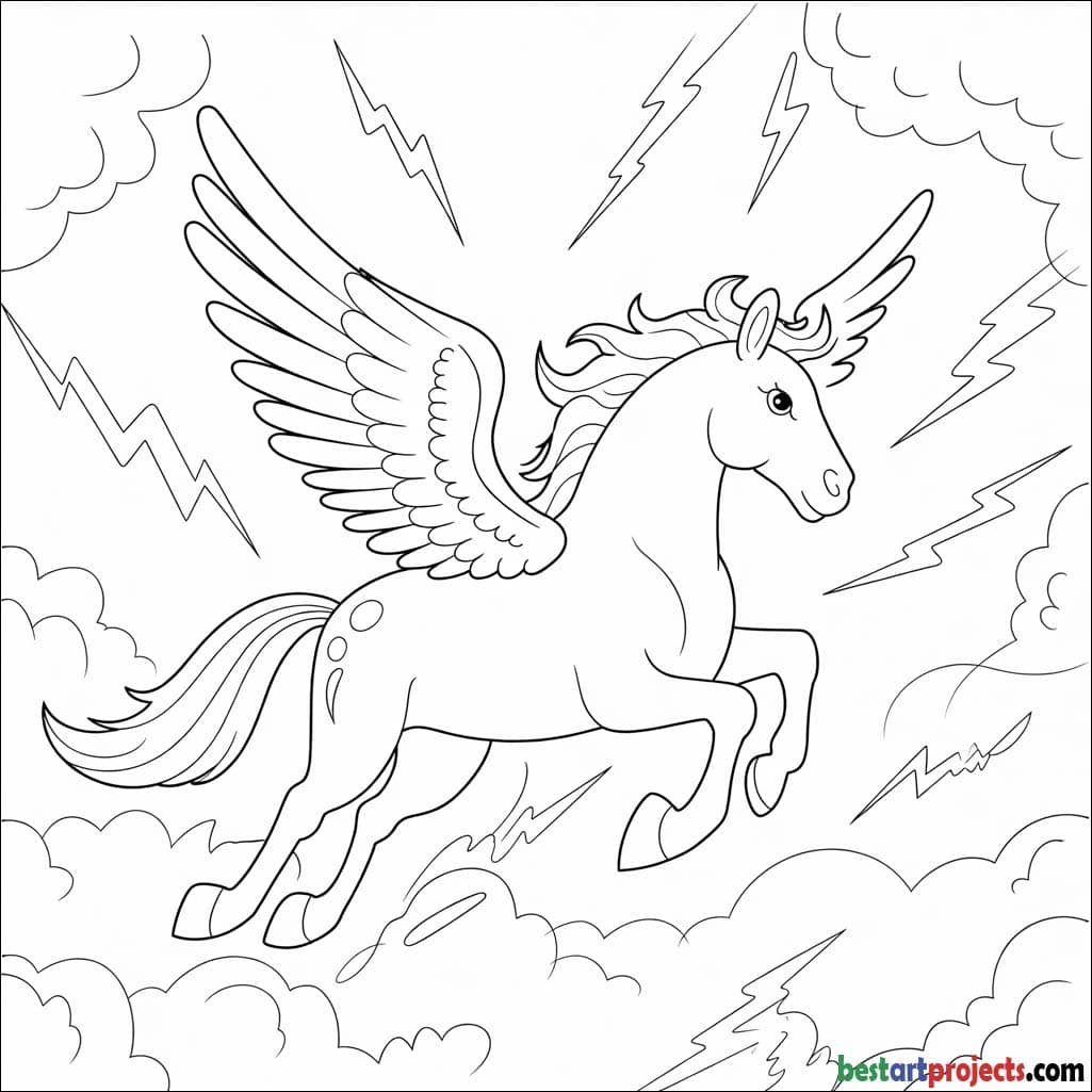 Pegasus soaring above clouds with lightning bolts To Color