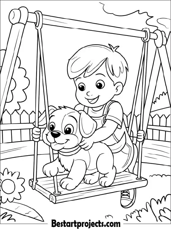 Puppy on Swing with a Child – Adorable Free Coloring Sheet