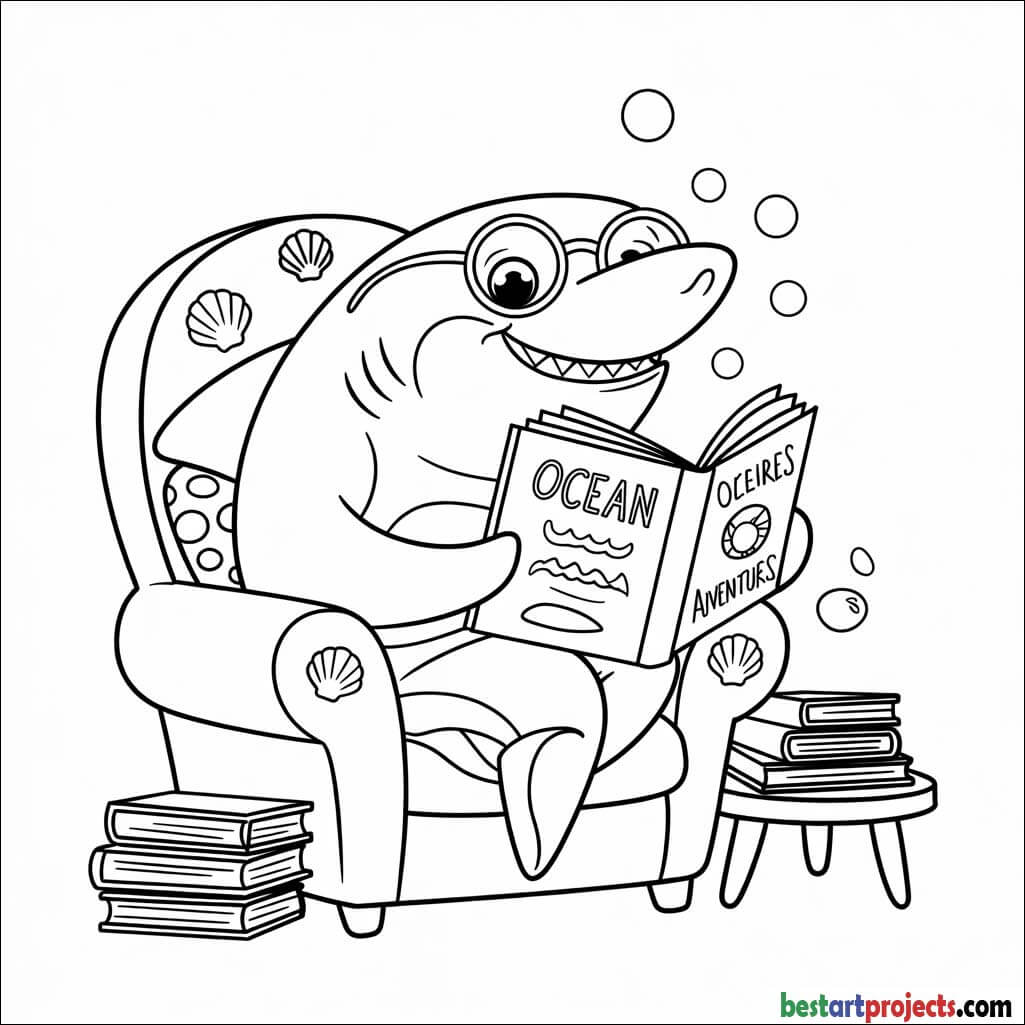 Shark reading a book coloring printable