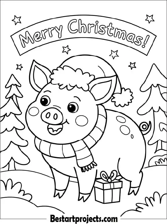 28. Cute Christmas Pig  Printable Coloring Sheet