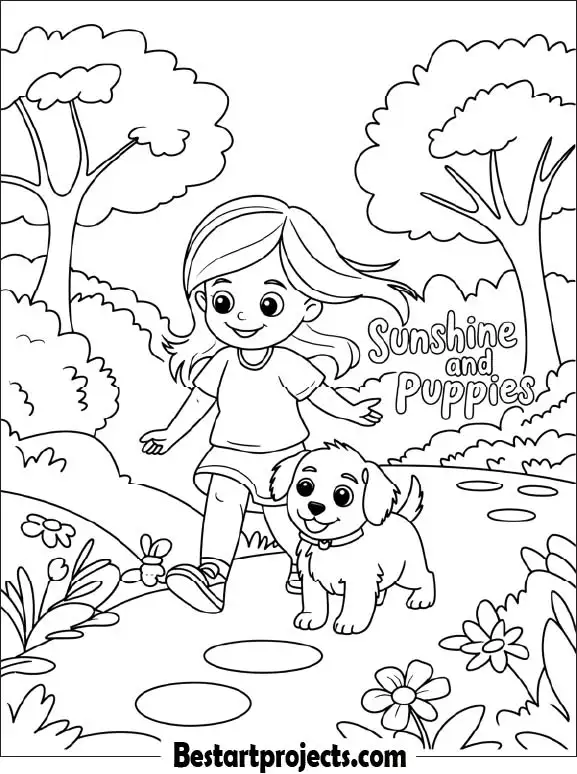 Girl Walking with a Puppy Coloring Page for Kids