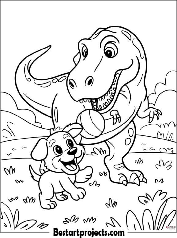 Dino Playing  with a Cartoon Puppy Coloring Page For Kids