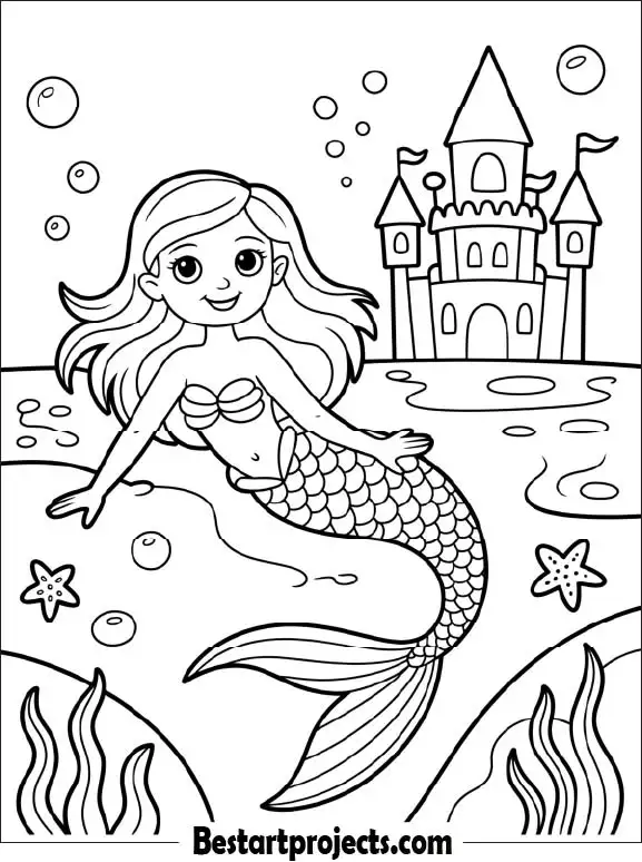 Mermaid with Underwater Castle Coloring Page for Kids