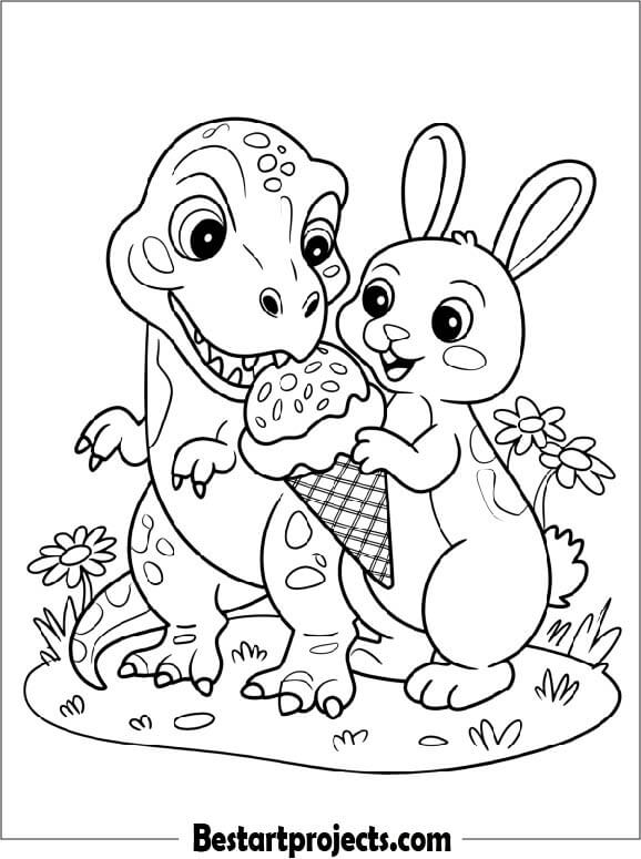 Cute Baby T-Rex Sharing Ice Cream with a Friendly Bunny Coloring Page