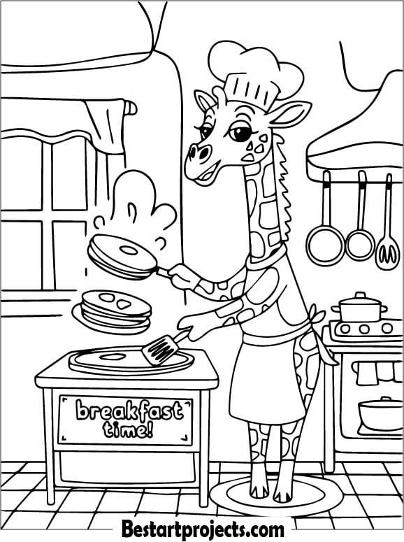 Chef Giraffe Making Pancakes Coloring Sheet