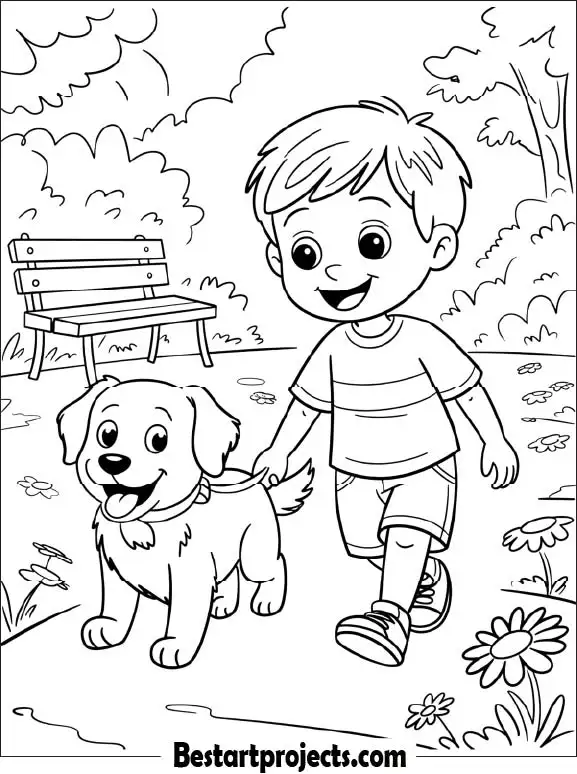 Coloring Page of a Boy With His Dog Best Friend