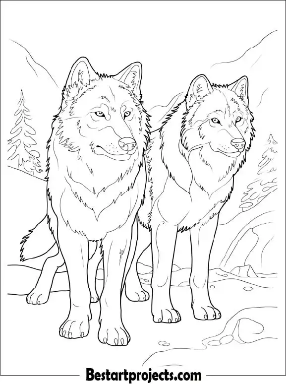 Friendly Two Wolves Coloring Sheet