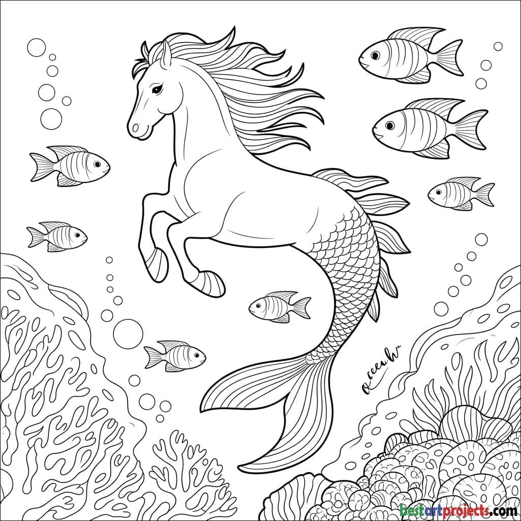 Merhorse (mermaid + horse) swimming underwater Coloring Sheet