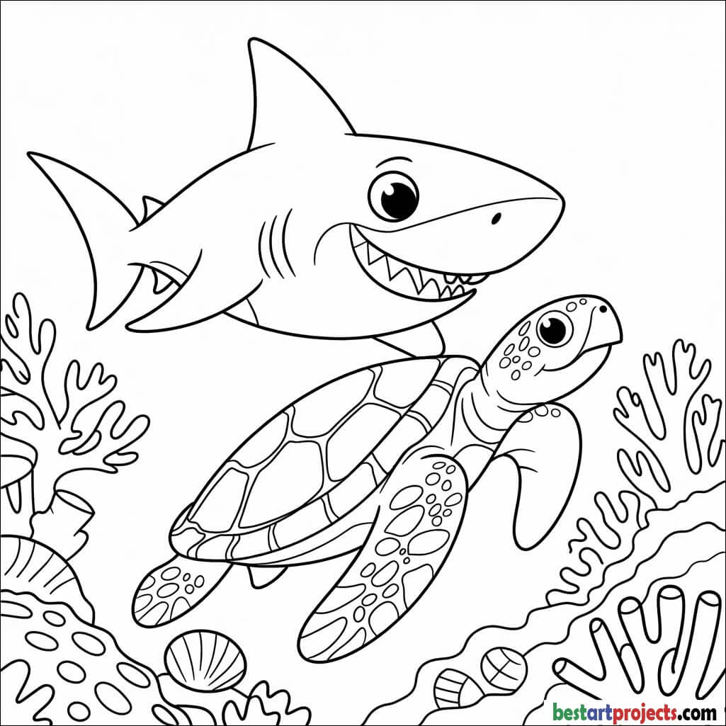 Shark swimming with  a sea turtle Coloring page