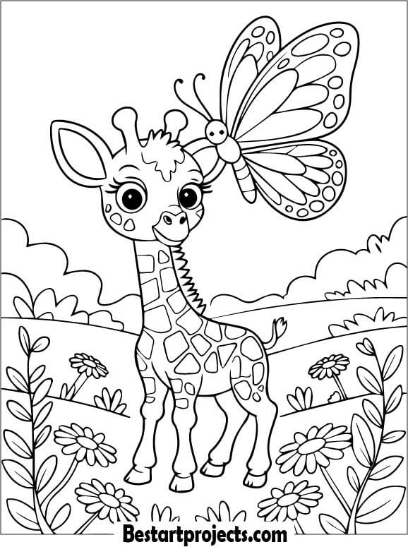 Baby Giraffe with a Butterfly Coloring Page