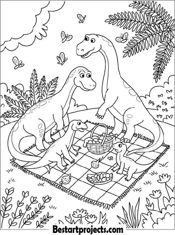 Dinosaur Family Having a Picnic Coloring Page Printable