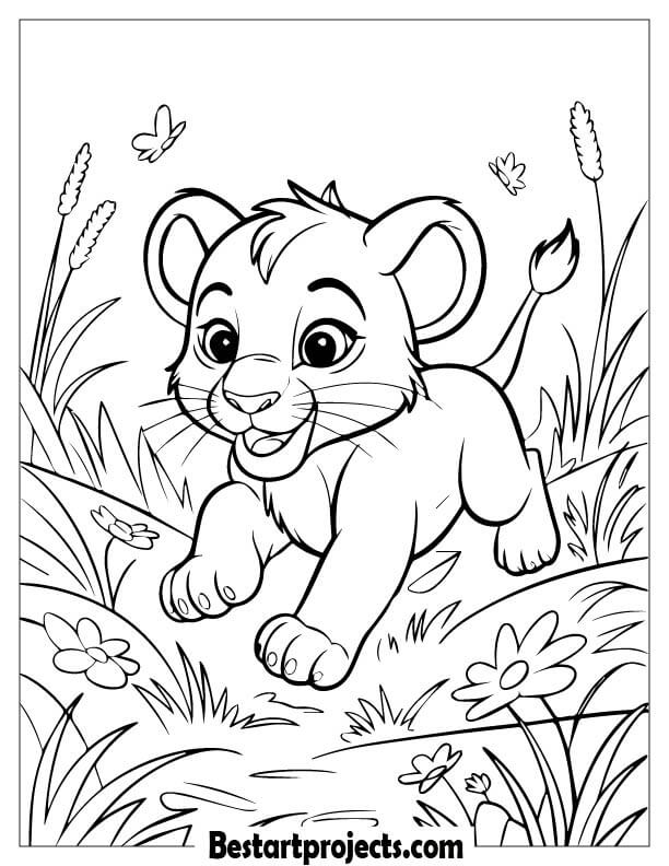 Lion Cub Running In Grass