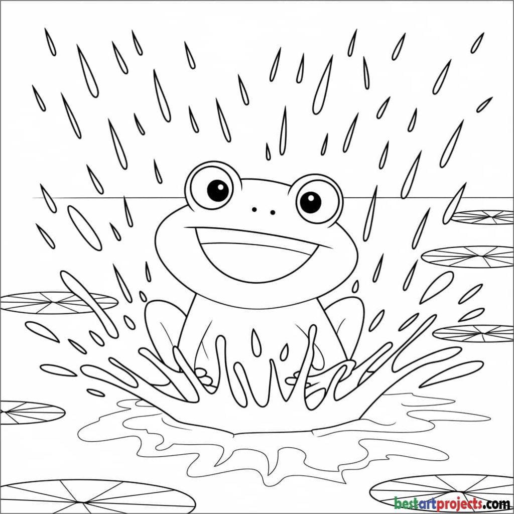 Frog Playing in the Rain Coloring Page for Kids
