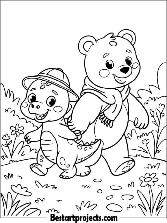 Baby Dinosaur Walking with a Friendly Cartoon Bear