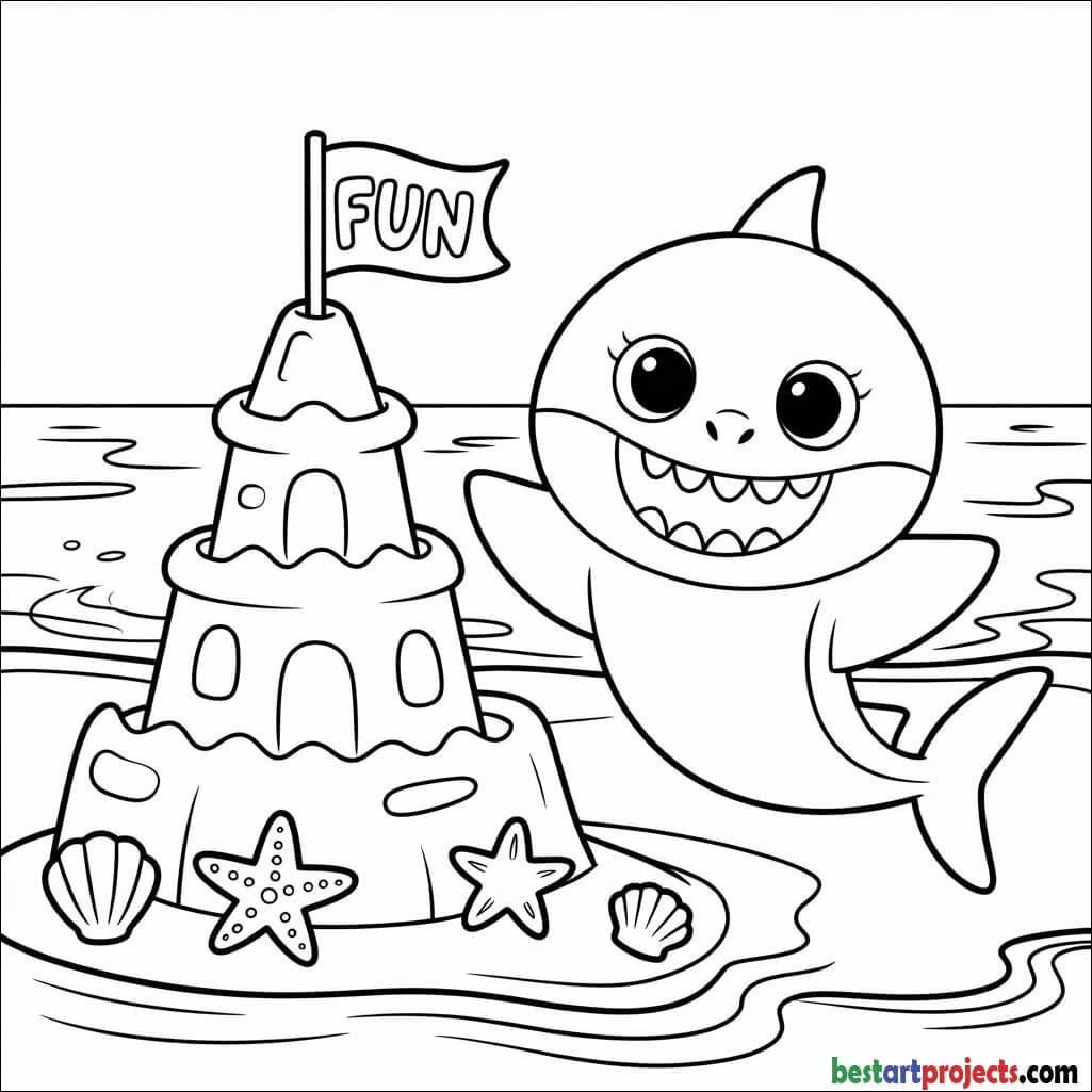 Baby Shark building a sandcastle Coloring sheet