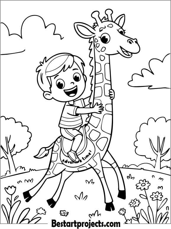 Boy Riding a Friendly Giraffe Coloring Page For Kids