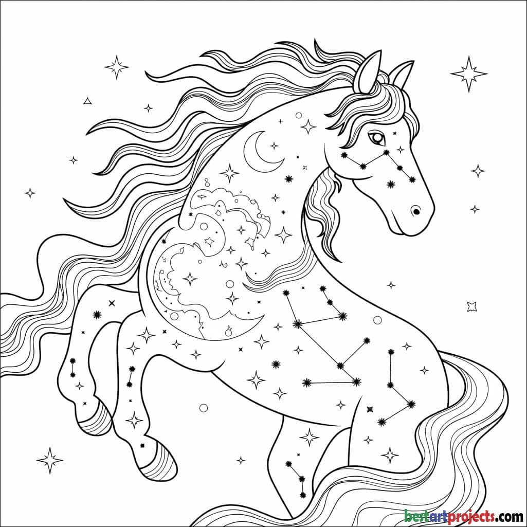 Celestial horse made of stars and galaxies Coloring Page 