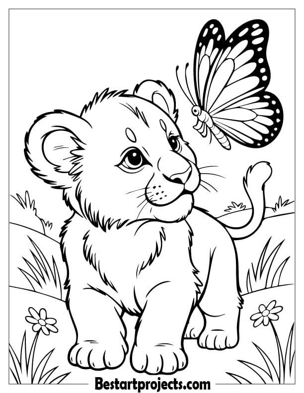 Lion cub and a butterfly in a side-face close-up