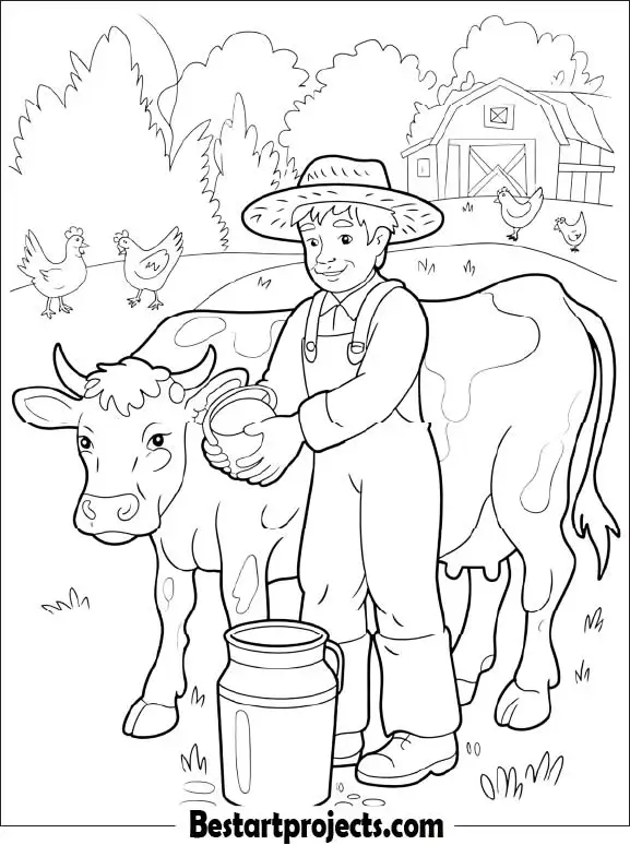 31. Cow with Farmer Coloring Page