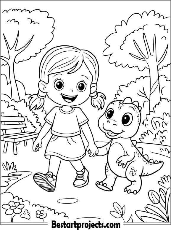 Girl Walking hand-in-hand with a Baby Dinosaur