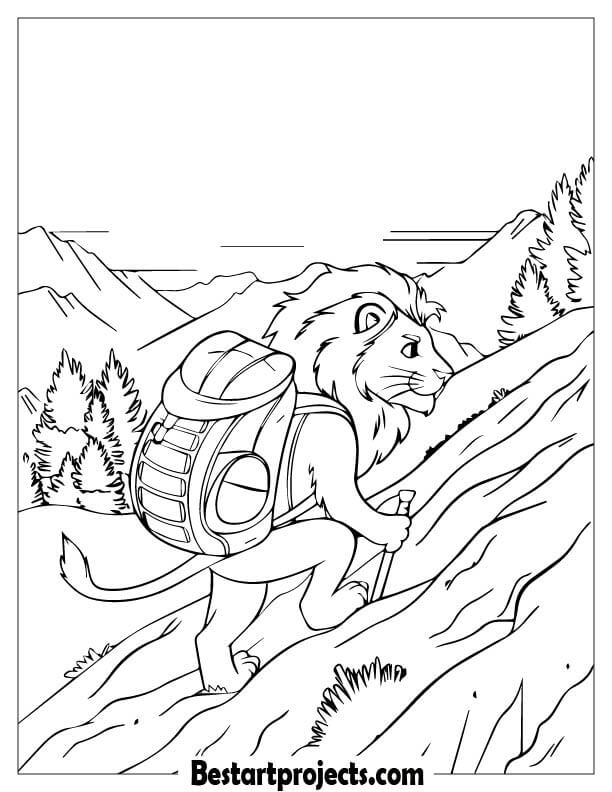 Lion with a backpack hiking up a mountain