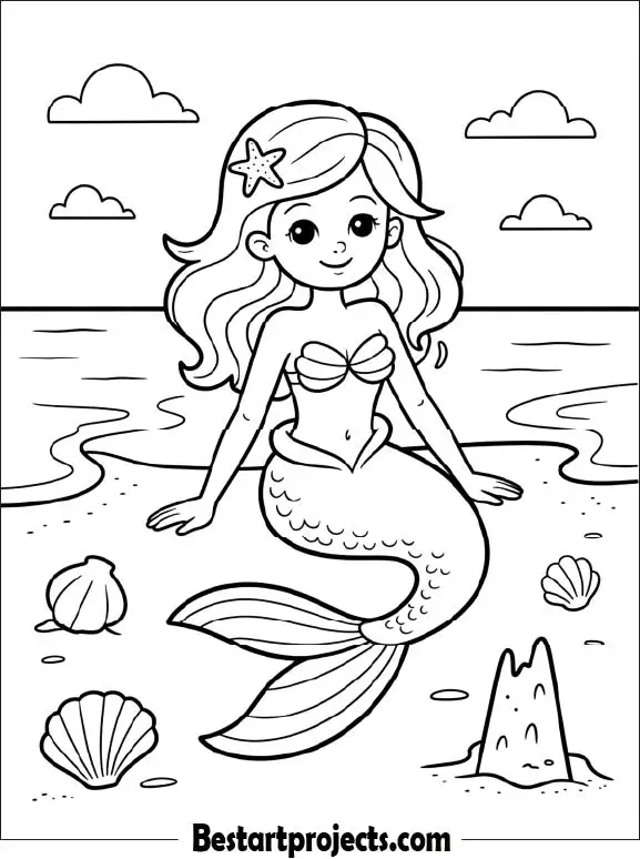 Mermaid On The Beach Coloring In