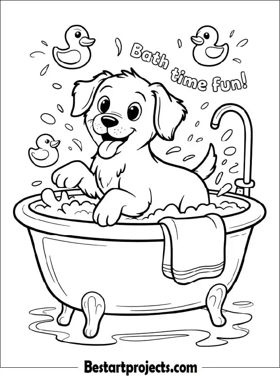 Dog in the Bath Tub Printable Coloring pdf