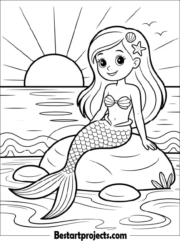Mermaid Sitting on Rocks at Sunset Coloring Page