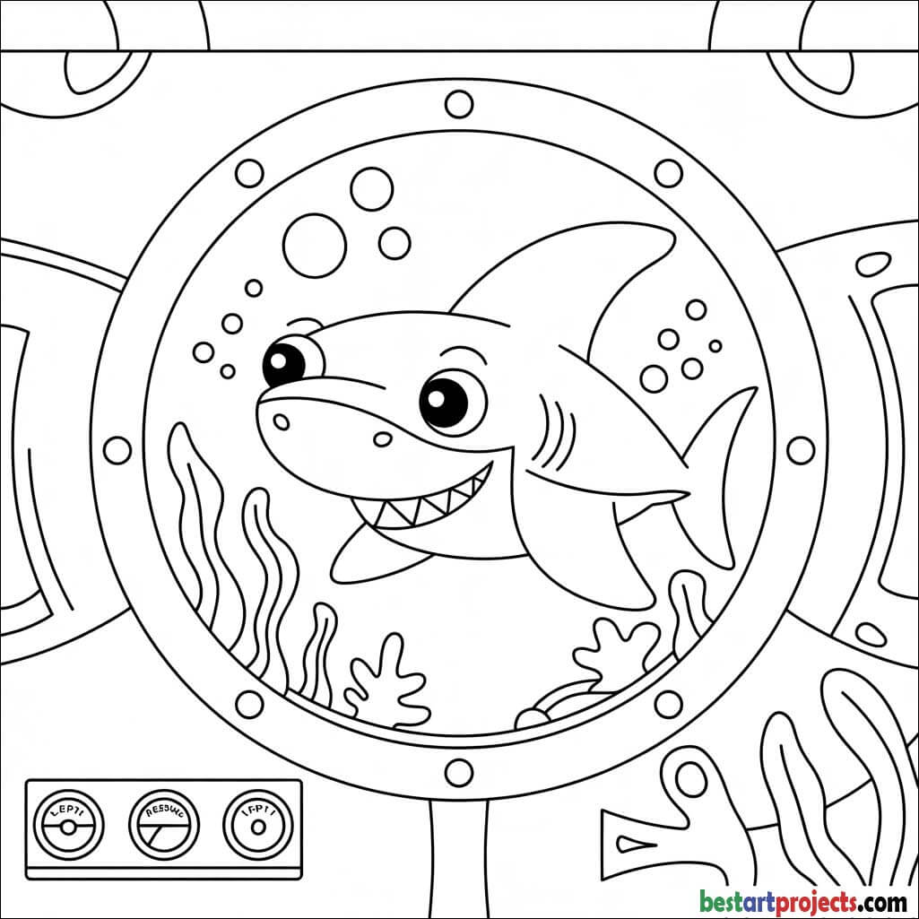 Shark in a submarine window Coloring page for kids
