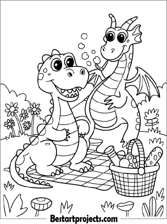 Dinosaur and Dragon Having a Picnic