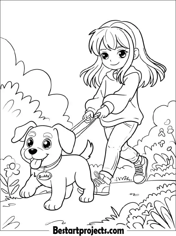 Anime Girl Walking Puppy Coloring Sheet
