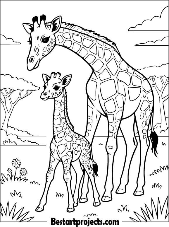 Giraffe Mother Walking with Baby Giraffe Coloring Sheet