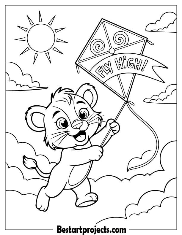 Lion cub flying a kite