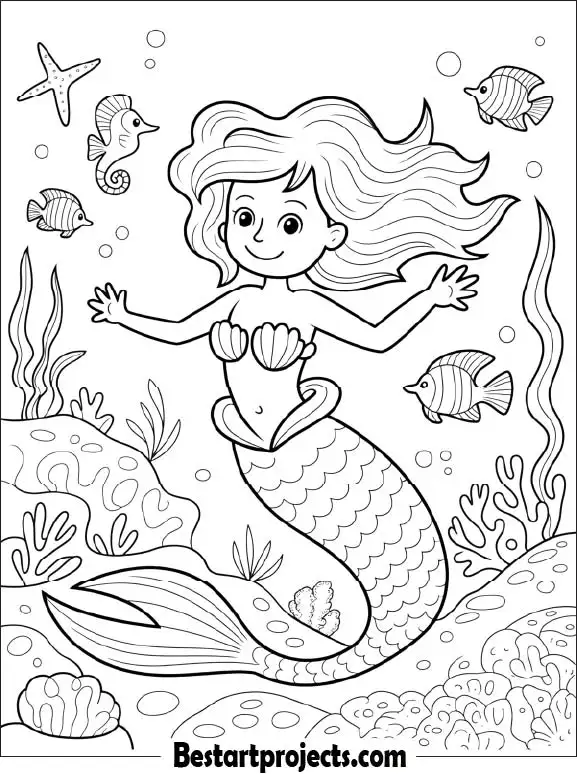Mermaid with Detailed Ocean Background Coloring PDF