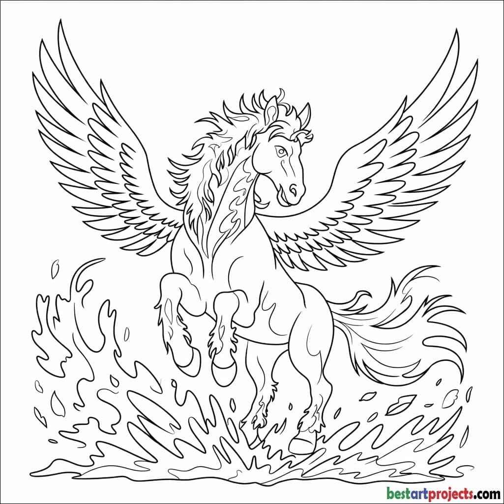 Phoenix-winged stallion rising from ashes Coloring page 