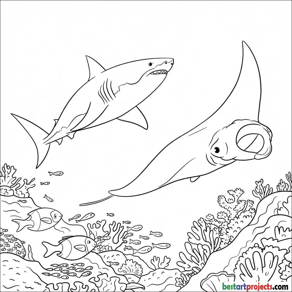 Shark swimming with manta ray Coloring page