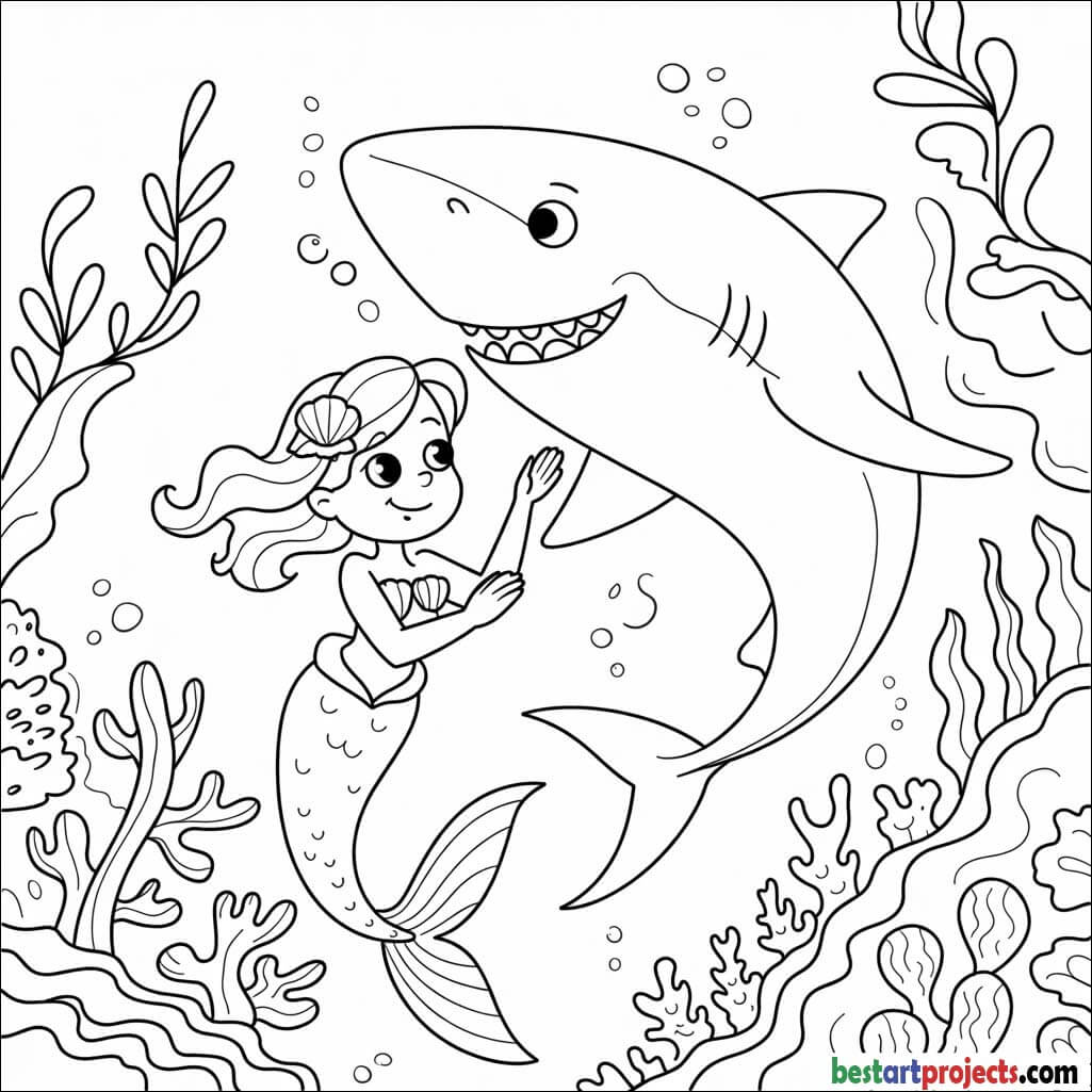 Mermaid and Shark Friendship Coloring sheet