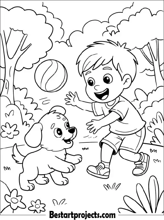 Cute Dog Playing with a Boy Coloring Page
