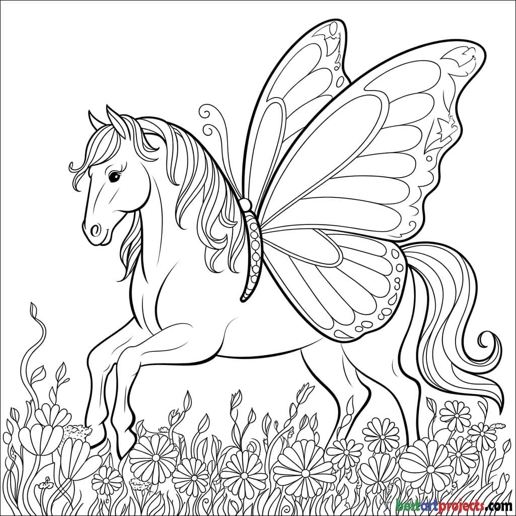 Fairy-tale horse with butterfly wings Coloring Sheet 