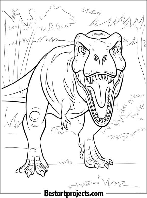 Fierce T-Rex Roaring in the Jungle Coloring Page