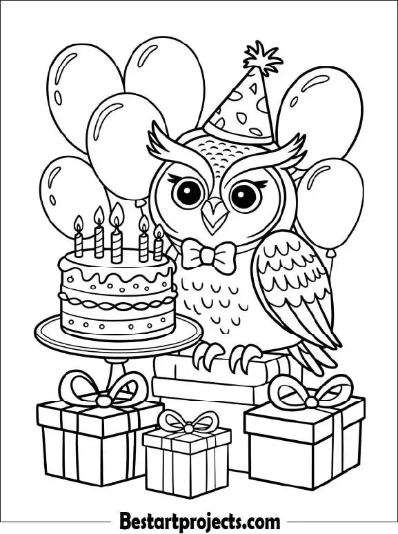 35.Birthday Party Owl with Cake and Gifts