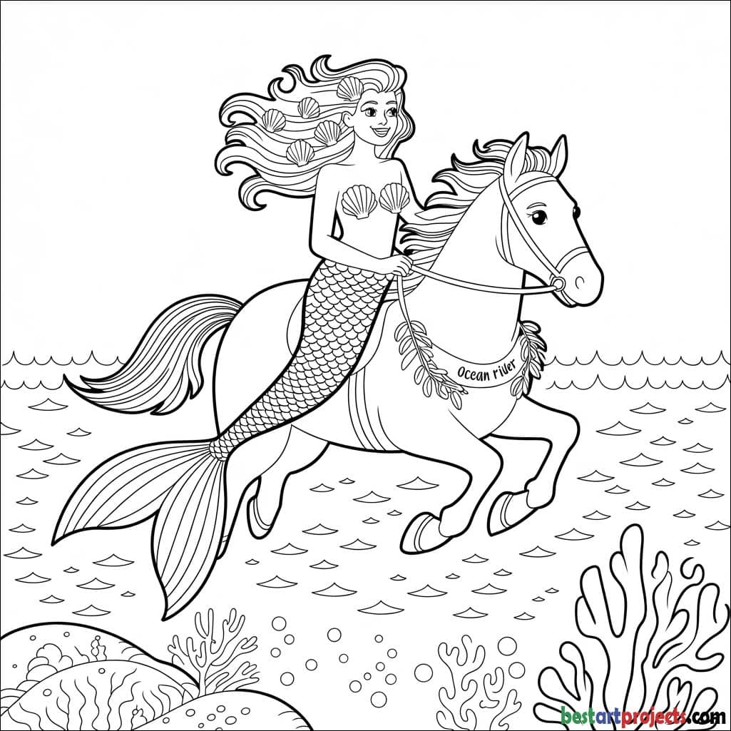 Mermaid Riding a Horse Coloring page 