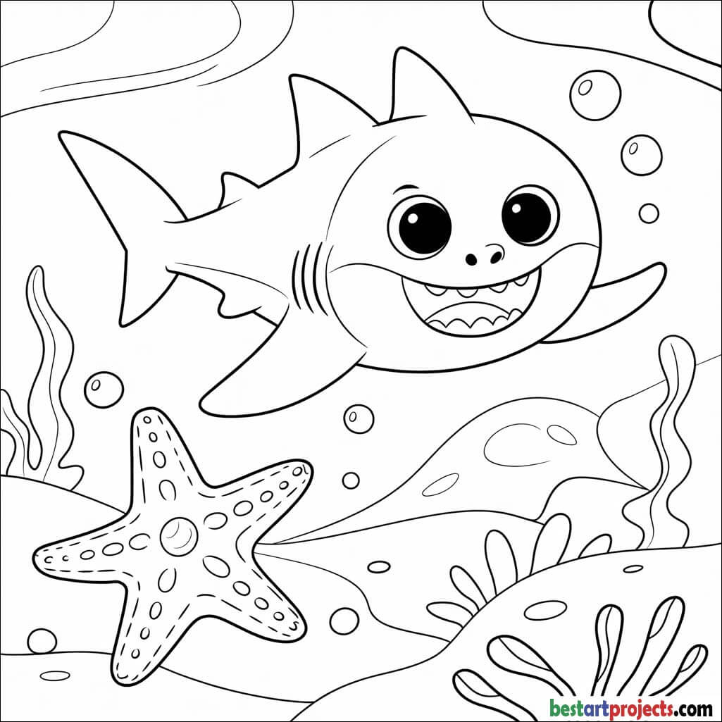 Baby Shark and Starfish  Coloring page for kids