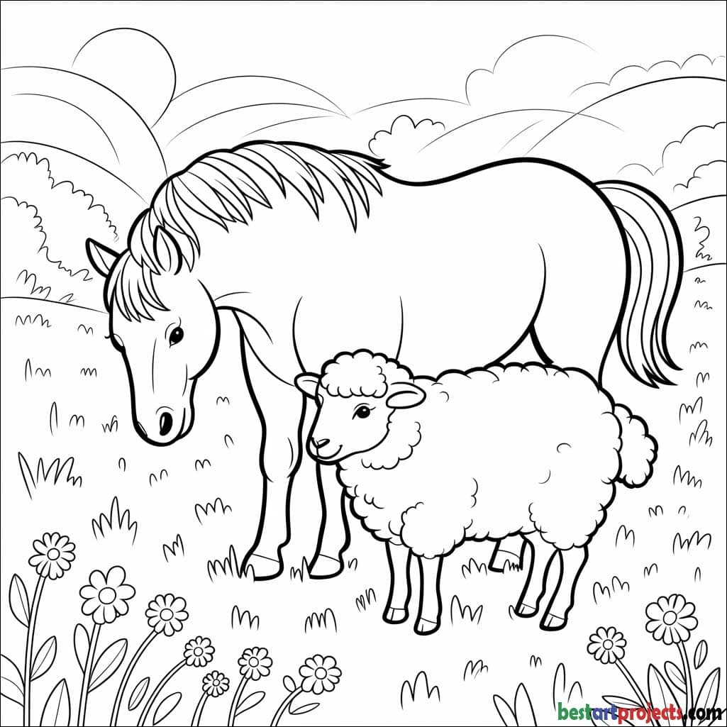 Horse and Sheep in a Field Coloring page 
