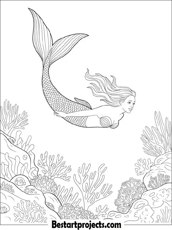 Mermaid Swimming Through Coral Reef Coloring Sheet
