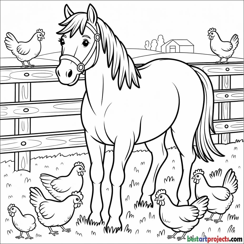  Farm Horse with Chickens to Color 
